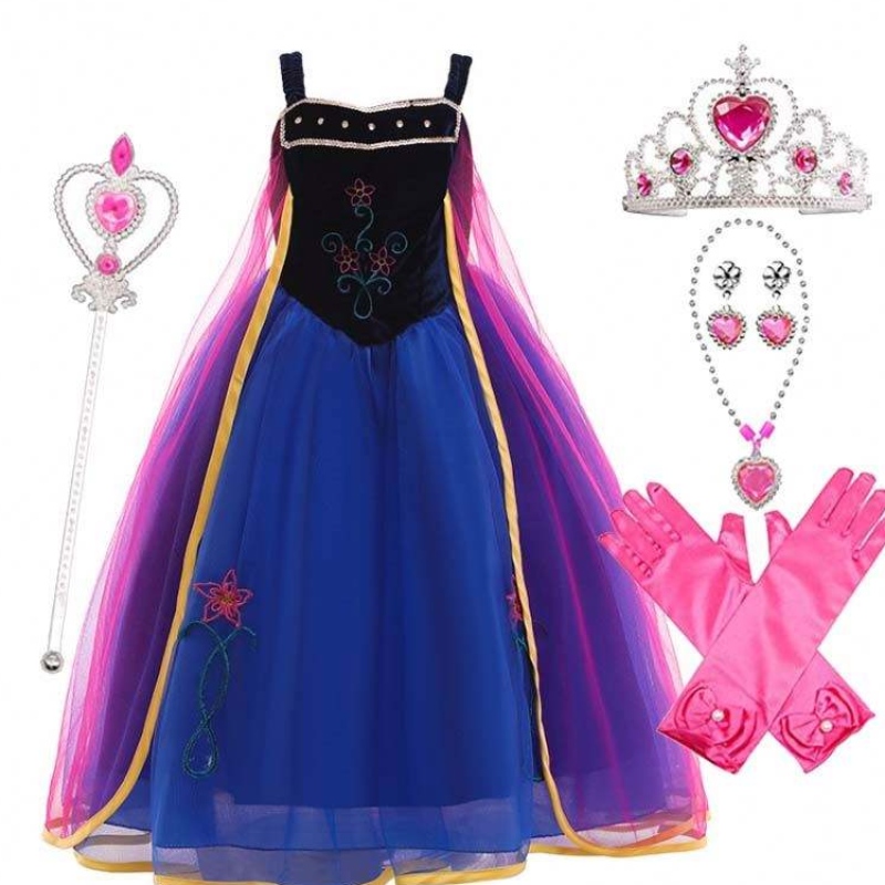 Girl Cosplay Snow Queen Princess Disfraz Anna Traje con accesorios de guantes de varita de corona HCGD-010