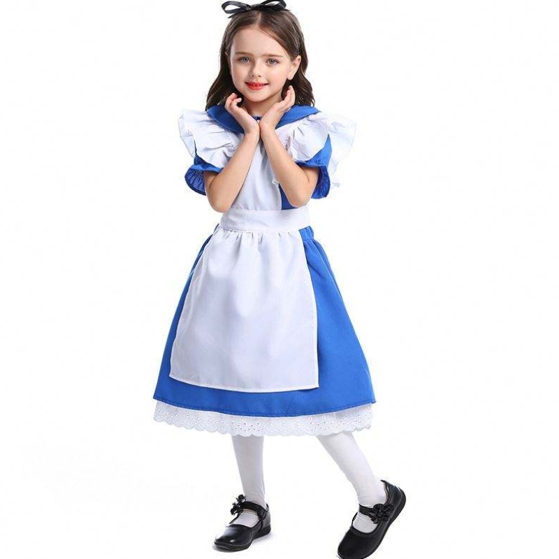 Girls Halloween Ruffle Tip Tip Winist Blue en Wonderland Cosplay Kids con delantal blanco 4-12 años DGHC-070