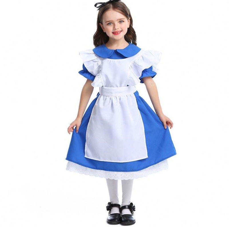 Girls Halloween Ruffle Tip Tip Winist Blue en Wonderland Cosplay Kids con delantal blanco 4-12 años DGHC-070