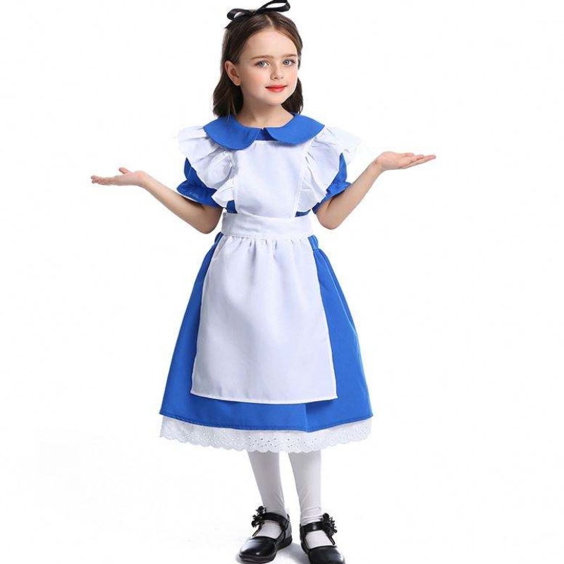 Girls Halloween Ruffle Tip Tip Winist Blue en Wonderland Cosplay Kids con delantal blanco 4-12 años DGHC-070