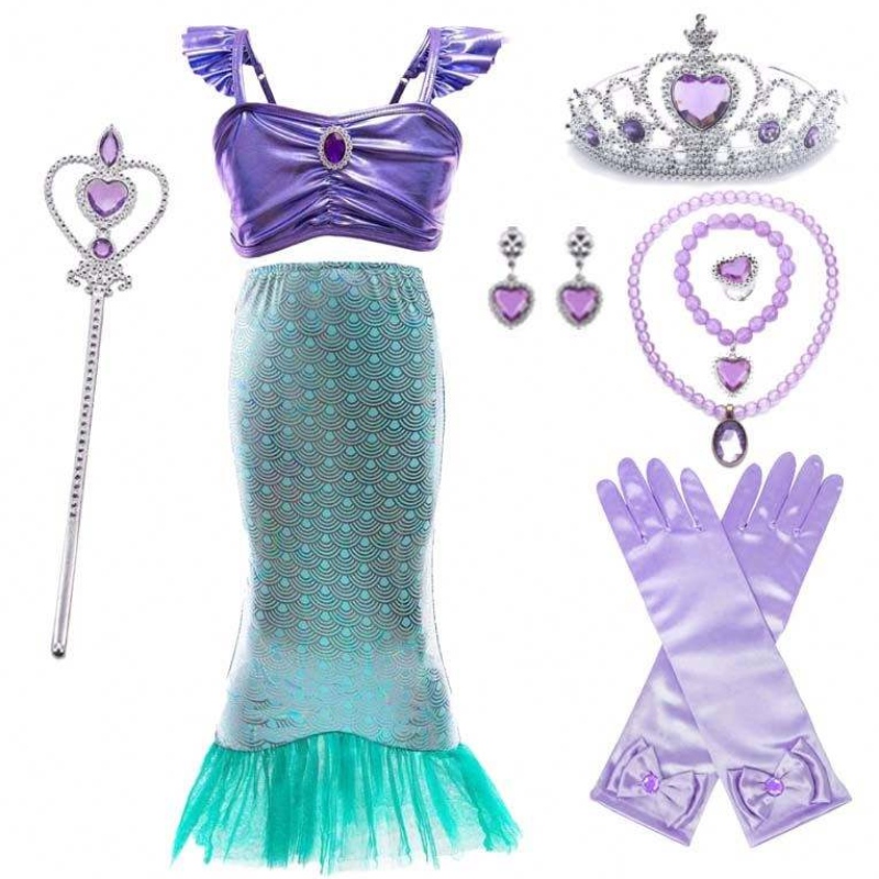 2022 Precio al por mayor Dress Princess Up Niñas Little Mermaid Vestido de cola larga HCMM-007