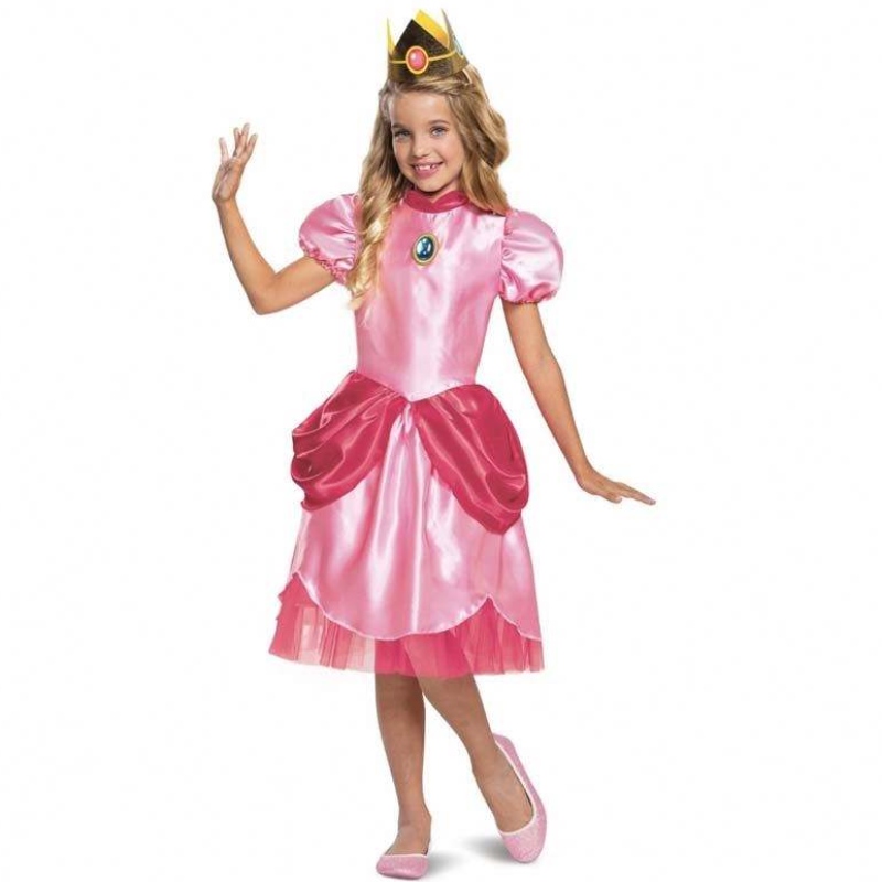 Carnaval Cosplay Baby Girl Farty Super Brother Cartoon Pink Princess Princess Peach Disfraz con Crown HCMU-006