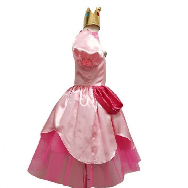 Carnaval Cosplay Baby Girl Farty Super Brother Cartoon Pink Princess Princess Peach Disfraz con Crown HCMU-006