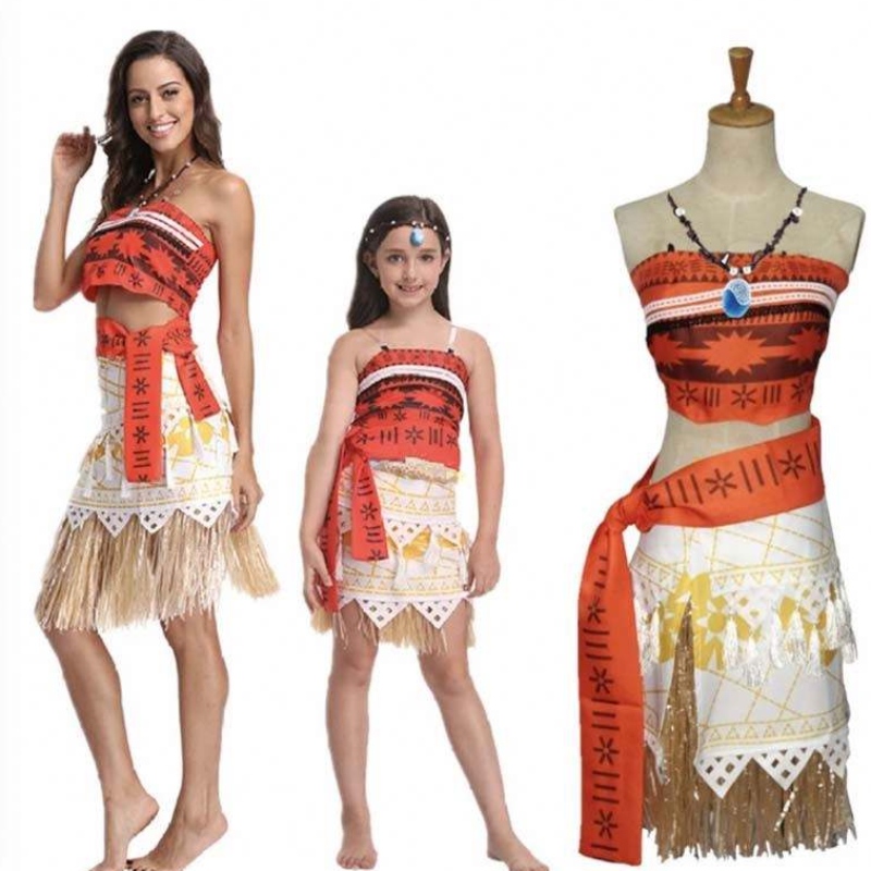 Fiesta de Halloween Kids adultos Cosplay Vaiana Princess Moana Vestido de vestuario para adultos con collar HCMO-005