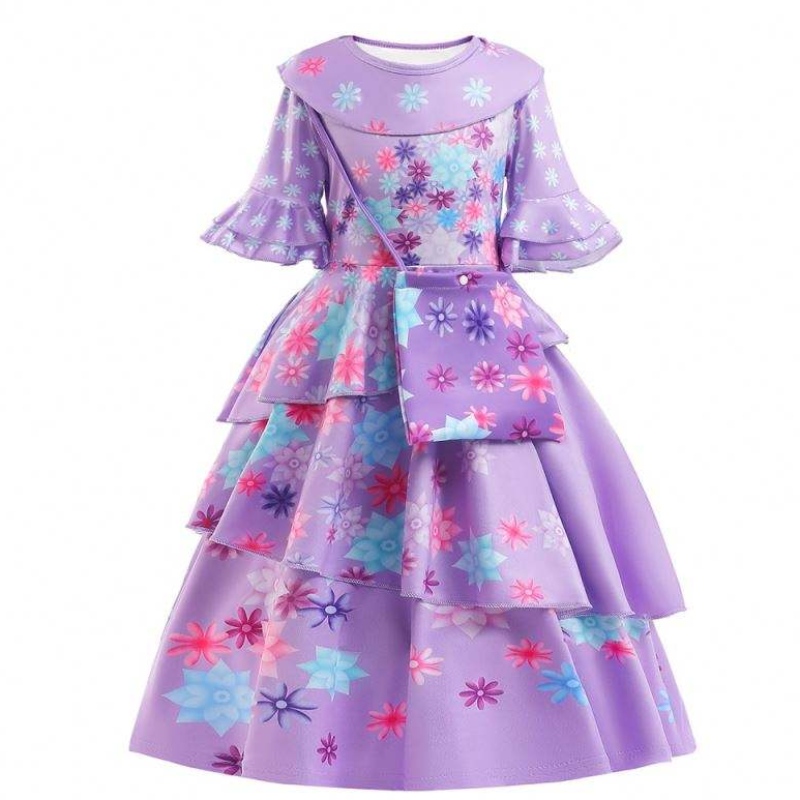 2022 NUEVA Moda Fashion Kids Encanto Costume Isabella Cosplay Flower Impreso Vestido diario paraniña con bolsa