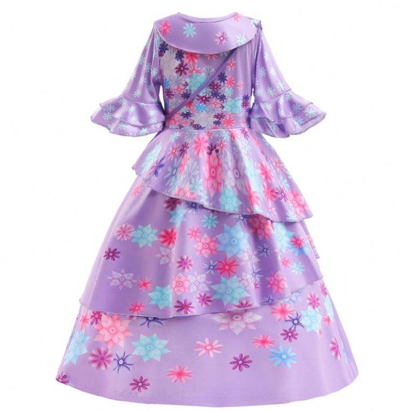 2022 NUEVA Moda Fashion Kids Encanto Costume Isabella Cosplay Flower Impreso Vestido diario paraniña con bolsa