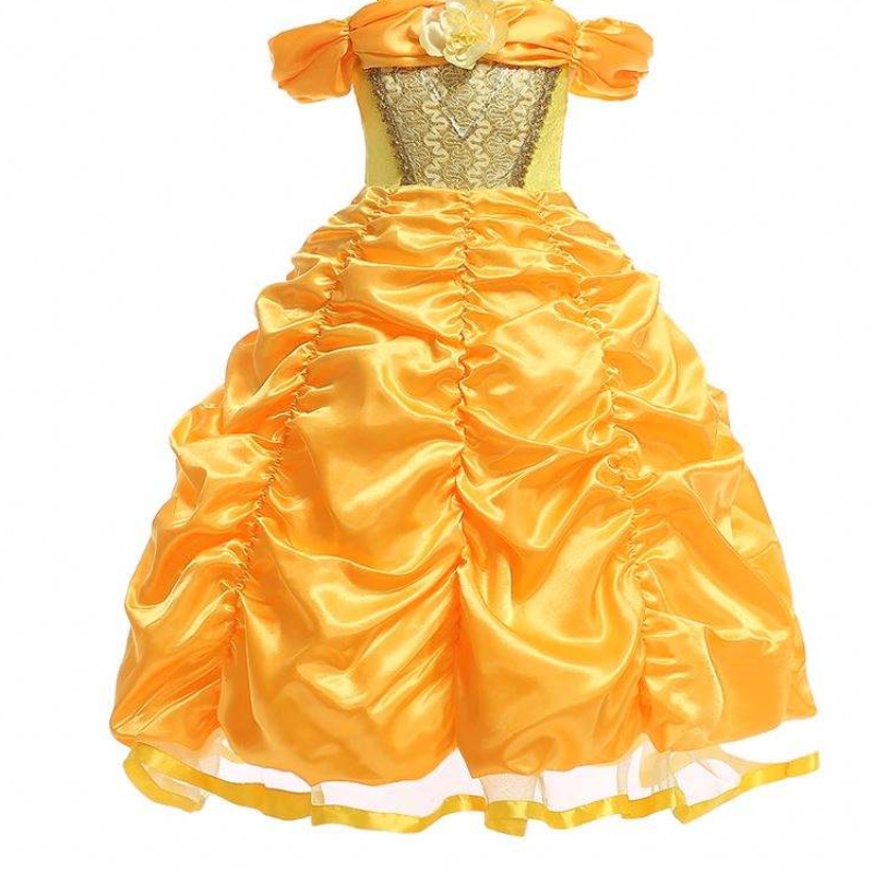 Baige New Design Kids Disfraz Nombres de vestidos paraniñas con fotos Princesa Belle Vestido amarillo hinchado SMR023