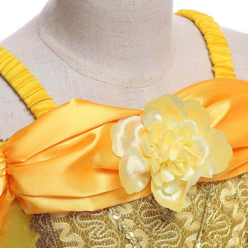 Baige New Design Kids Disfraz Nombres de vestidos paraniñas con fotos Princesa Belle Vestido amarillo hinchado SMR023