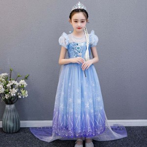 Baige 2021 New Blue Elsa Anna Girl Party Dress Vestidos de cosplay princesa con collar hecho a mano y larga capa