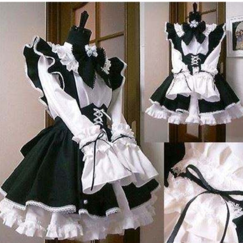 Vestido de anime de atuendo de mucama de mujeres vestidos de delantal blanco ynegro lolita vestidos de taxis para hombres disfraz de cosplay