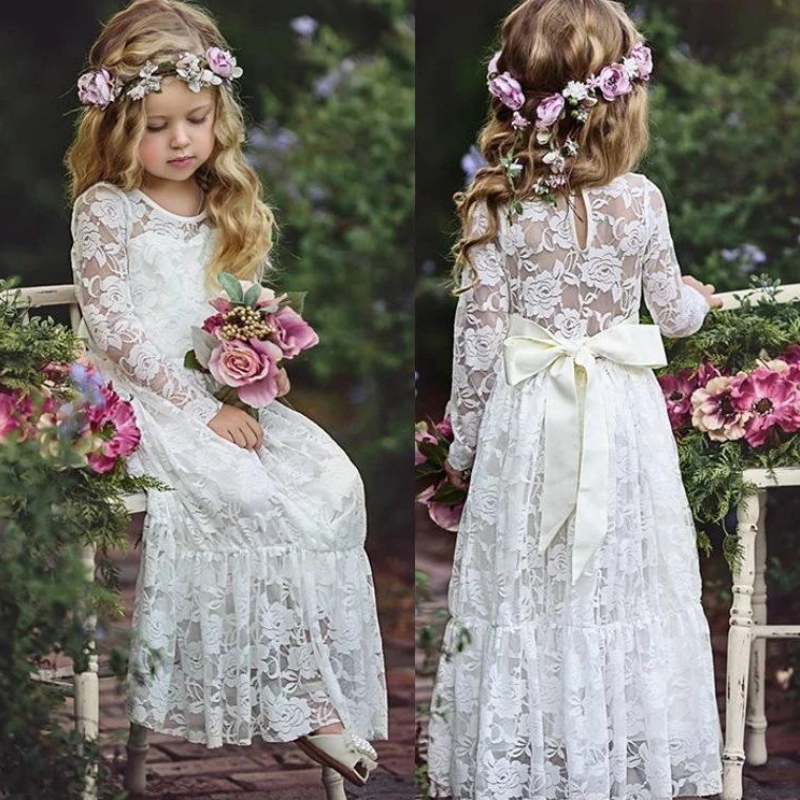 Summer Girl Wedding Lace Long Dress Edad 2-12 Vestidos de princesa Big Bow Bour Bridesmaid Wedding Pageant for Flower Girls