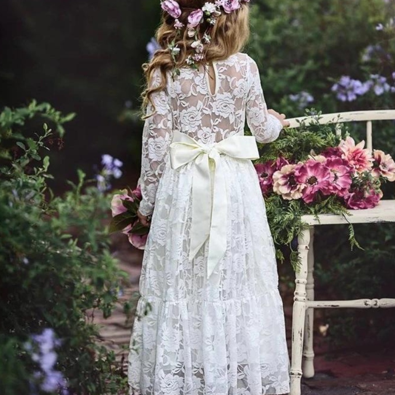 Summer Girl Wedding Lace Long Dress Edad 2-12 Vestidos de princesa Big Bow Bour Bridesmaid Wedding Pageant for Flower Girls