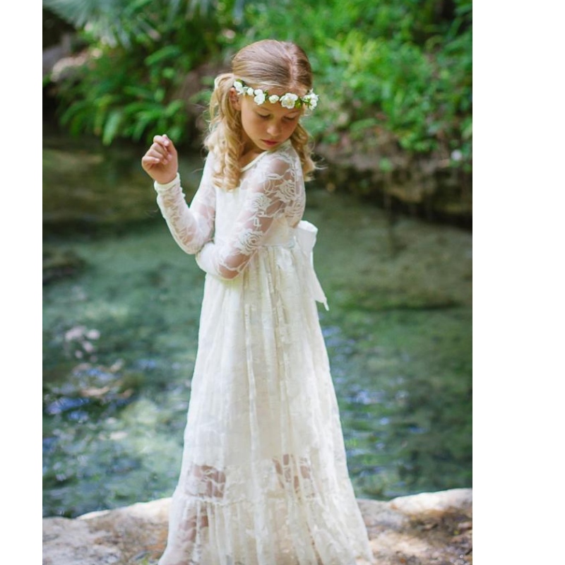 Summer Girl Wedding Lace Long Dress Edad 2-12 Vestidos de princesa Big Bow Bour Bridesmaid Wedding Pageant for Flower Girls