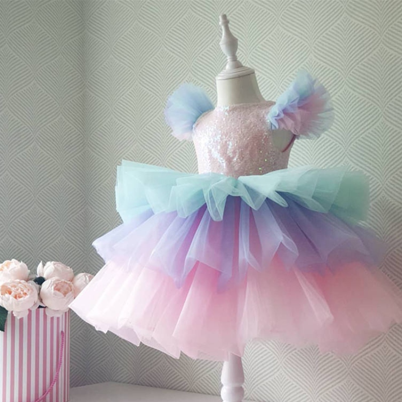 Girls Formal Princess Dress Kids Lace Tulle Rainbow Elegant Evening Party Cake Tutu Prom Gown Children Wedding Communion Disfraz