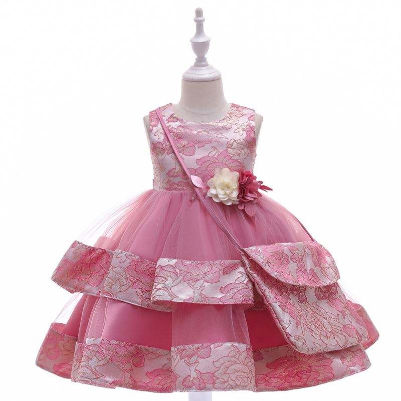 Baige New Design Flower Girl Vestido de fiesta con mini bolso Cumpleaños de satén Vestido de princesa L5216