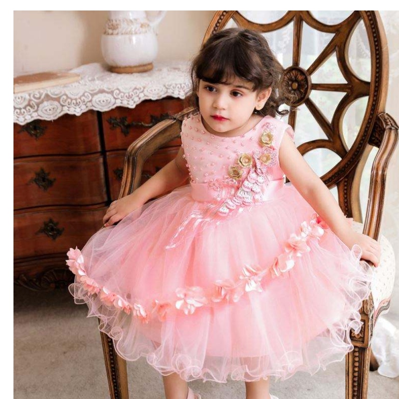 Ropa deniños al por mayor de Baige Vestido de princesa de manga corta Bautismo y bautizo de bautizo