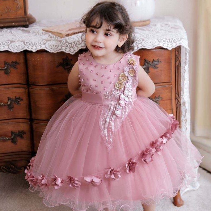 Ropa deniños al por mayor de Baige Vestido de princesa de manga corta Bautismo y bautizo de bautizo