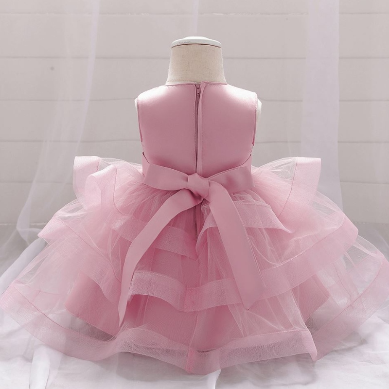 Baige Bordado al por mayor Pearl Bow Design Party Baby Girl Vestido Fiesta de cumpleaños Niños L1929XZ
