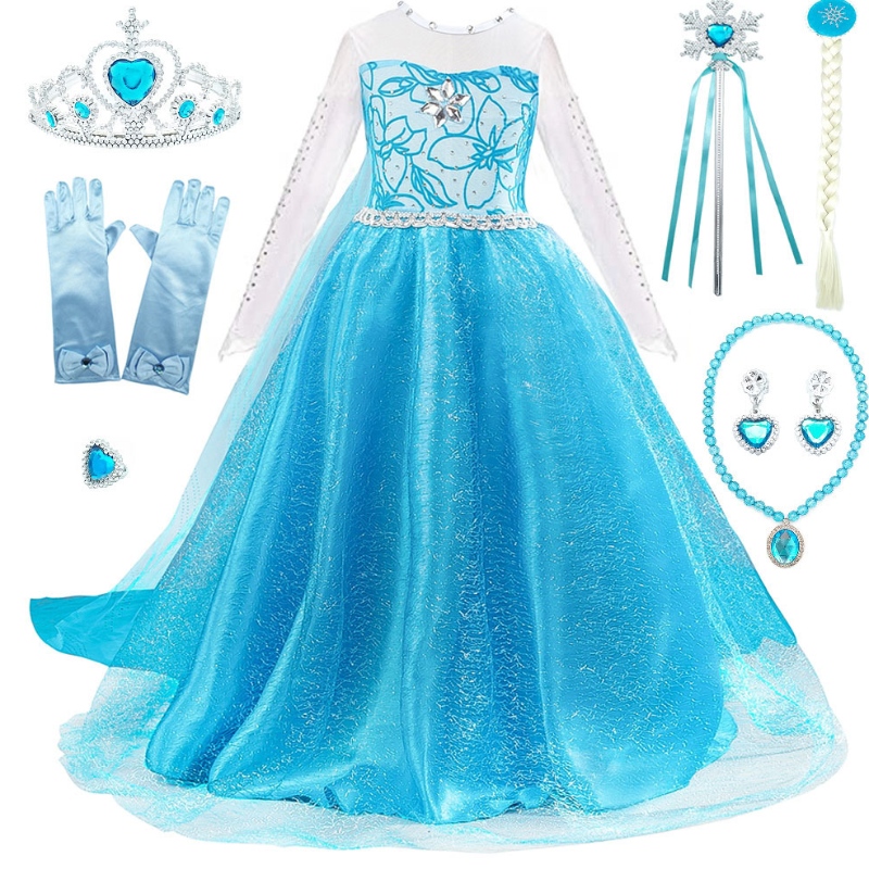 Girls Elsa Dress up with Train Children Beading Long Snow Seewe Nieween Carnival Party Princess Disfraz