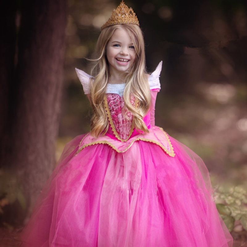 Chicas Durment Bella vestida ropa Niños de manga larga Aurora Princesa Disfraz de disfraces Vestido de fiesta de Navidad