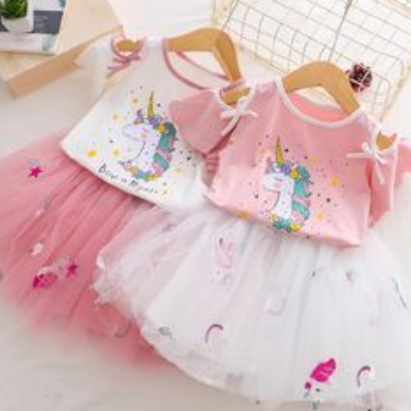 Vestido de unicornio femenino camiseta de verano + vestido de princesa Tutu vestido de manga corta para niños