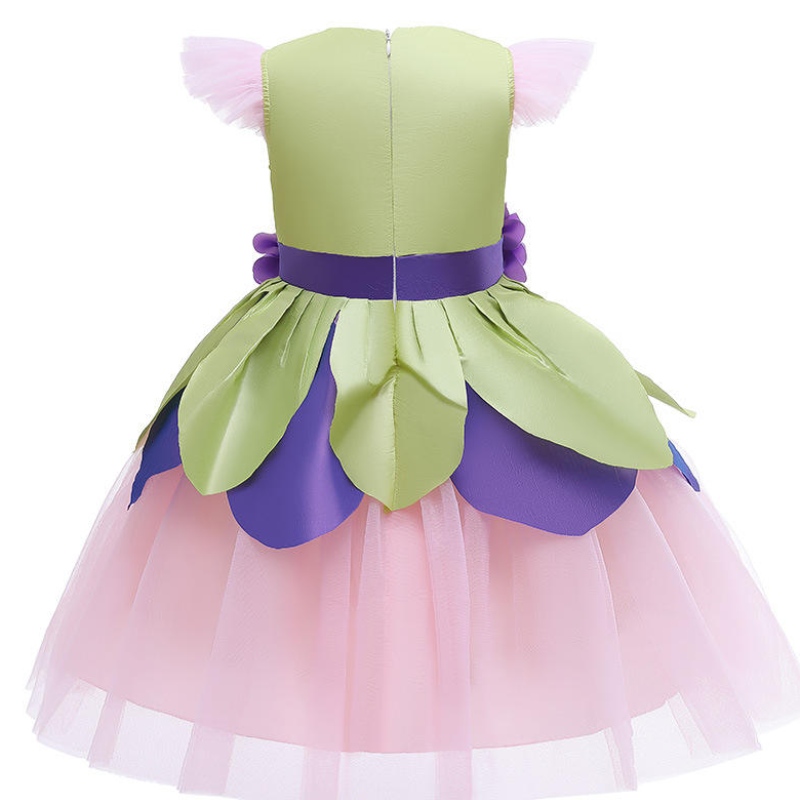 Flower Fairy Dress Girl Kids Purple Pink Patchwork Tulle Tulle Linda manga voladora Disfraces de actuación de escenario