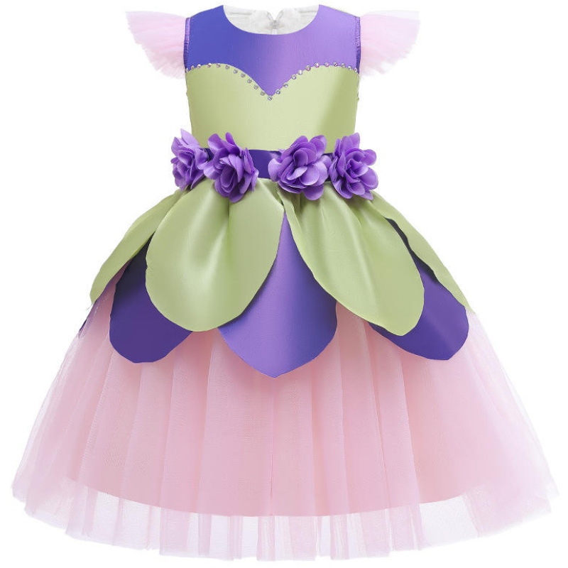 Flower Fairy Dress Girl Kids Purple Pink Patchwork Tulle Tulle Linda manga voladora Disfraces de actuación de escenario