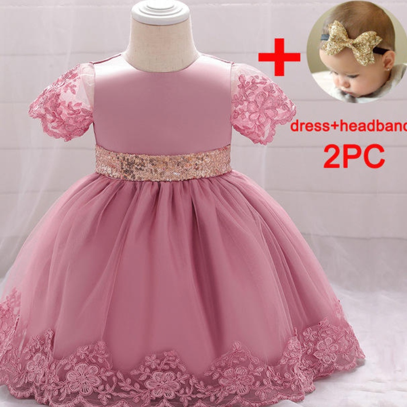 Baige New Baptism Birthday Party Dress Baby Girl Summer Vestido con cinturón de lentejuelas doradas Bow