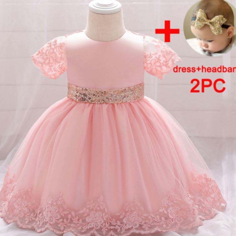 Baige New Baptism Birthday Party Dress Baby Girl Summer Vestido con cinturón de lentejuelas doradas Bow