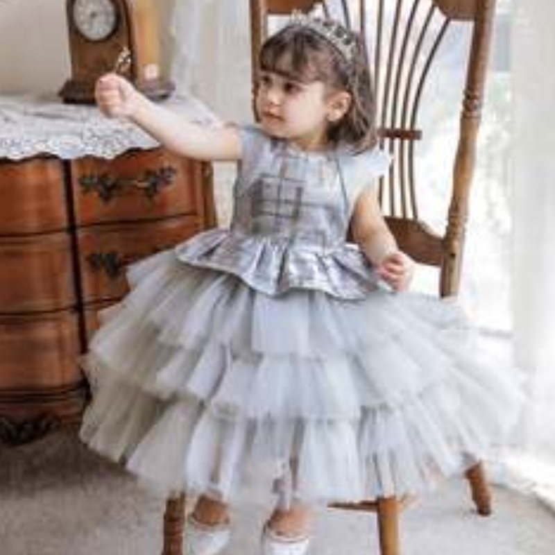 Baige Hot Sale Elegant Design Girl Flock Frock Baby Girl Vestido Partido de la fiesta Multi-capa Princesa encantadora