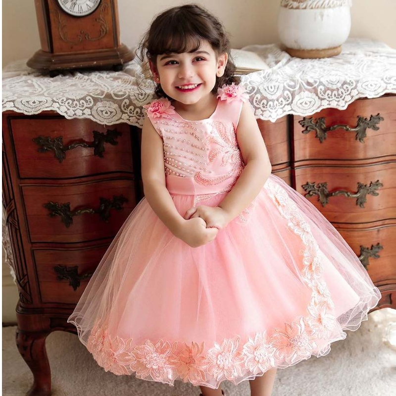 Baige Amazon Hot Sale Baby Baby Girl Dress Pink Flower Girls Fiest Fiest Vestido N2111