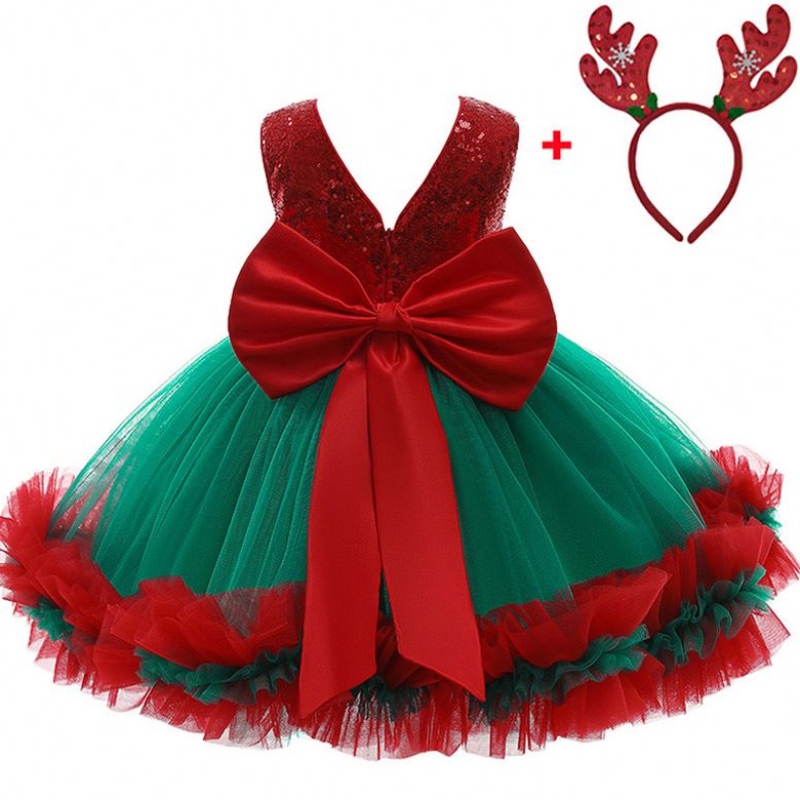 Baige Red Sequined Kids Christmas Birthday Party Fiest Fiest Vestidos Bow Bow Bow Vestidos D0683