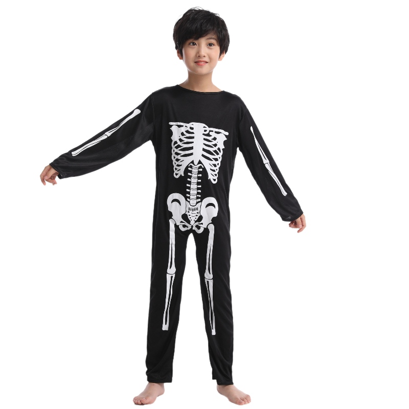 Halloween esqueleto kid de disfraz que brilla en el traje de calavera de huesos oscuros para el carnaval de Halloween