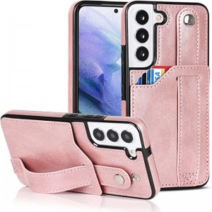 Diseñado para Samsung Galaxy S22 5G Case de billetera con correa de muñeca ajustable Pu Cuero Soporte de tarjeta de crédito Pesado Cubierta protectora Híbrida resistente para mujeres para mujeres 6.1 pulgadas Pink Pink