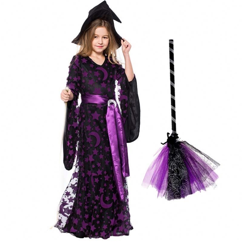 Vestido de Halloween de chicas Up Purple Wicked Witch Fancy Dress with Hat Broom HCVM-017