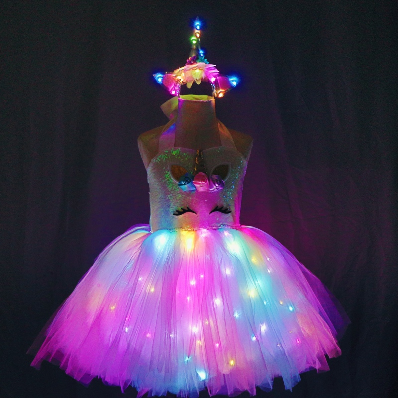2022 Niños Niñas Lindos disfraces de unicornio con vestido LED Light Up para Halloween Birthday Fiesta Manga de regalos vestidos paraniños
