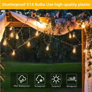 Luces de cuerda RGB solar RGB de 48 pies, luces de cuerda de patio regañables con 2 control remoto, luces de cuerda solar impermeable con 15 luces de bombillas colgantes emitibles para bistro de jardín, fiesta