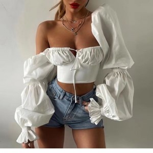 Camiseta de corte bajo de la manga de la manga del globo de las mujeres