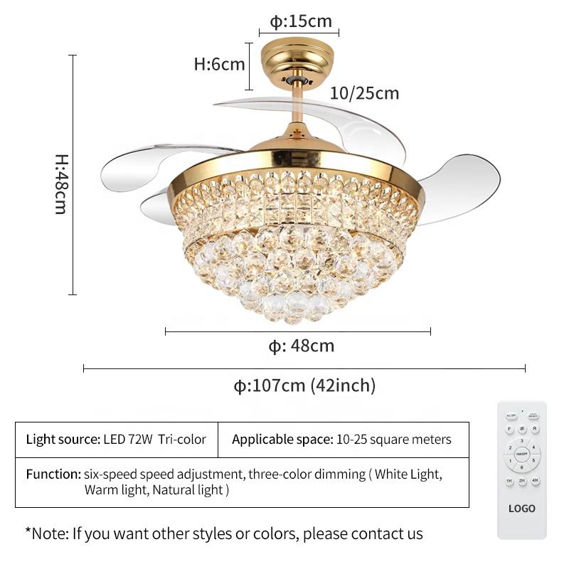 Ventilador de techo de lámpara K006 con luz con un color remoto de 42 pulgadas 3 con lámpara de ventilador de cristal de altavoces