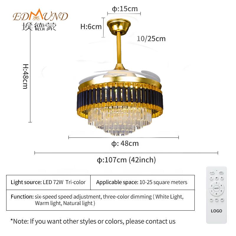 Ventilador de techo de lámpara K008 con luz con un color remoto de 42 pulgadas 3 con lámpara de ventilador de cristal de altavoces