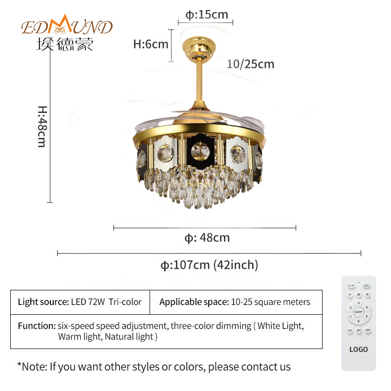 Ventilador de techo de lámpara de araña k013, con lámpara de 3 colores de 42 pulgadas de largo alcance, ventilador de cristal de altavoz