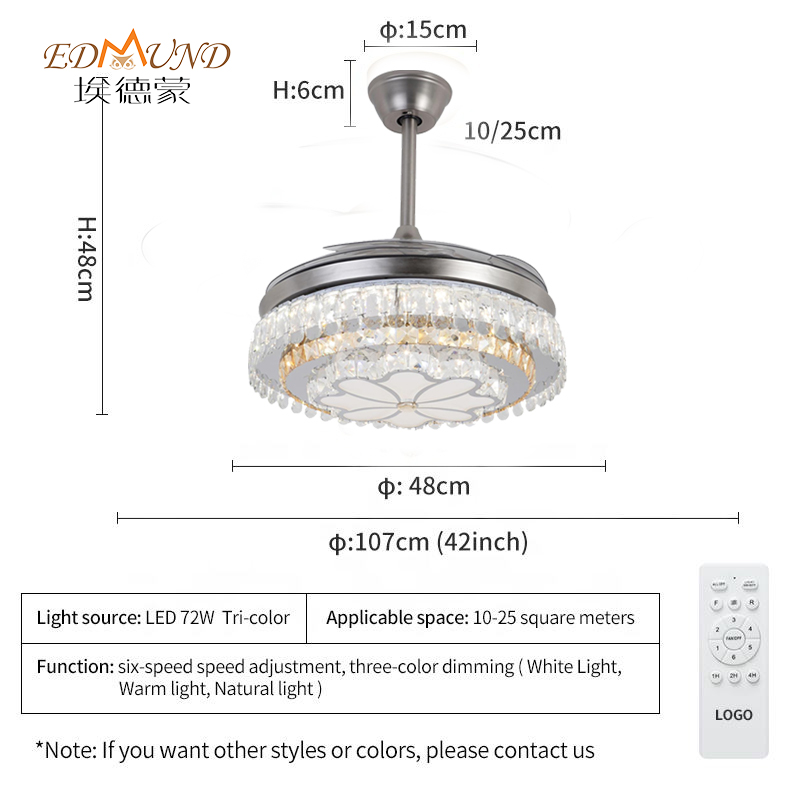 Ventilador de techo de lámpara K016 con luz con un color remoto de 42 pulgadas 3 con lámpara de ventilador de cristal de altavoces