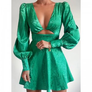 Vestido Jacquard de cuello V Manga de linterna Vestido corto de primavera Vintage Vestido A-Line