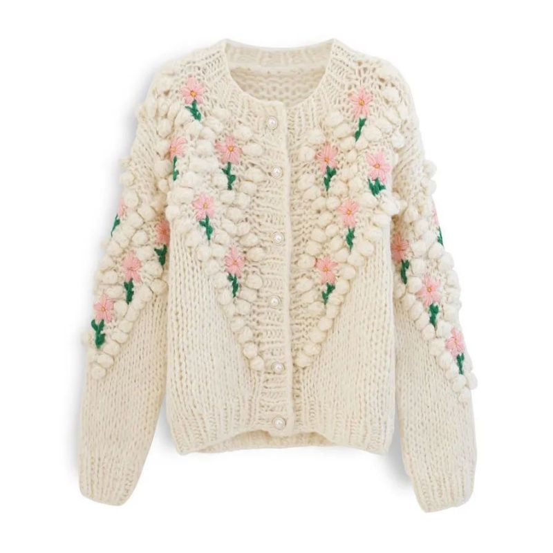 Botón de punto personalizado Cardigan Bordado Crochet Sweaters Women Sweaters