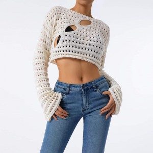 Las mujeres se vacían de crochet tops de cultivo de color bloque de manga larga cuello cuadrado de otoño tops