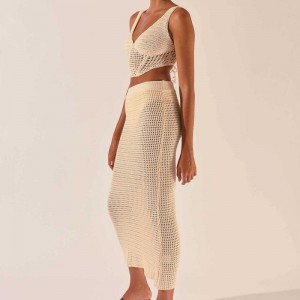 2023 New Women \\\\ \'S Crochet Crochet Hollow Knitting V-Eck Vest Vest Crop Cort Top Sexy Hip Sweater 2 piezas Traje de vestido de traje