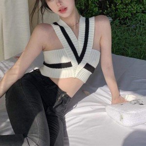 2023 Summer Sexy Cross Cross Cross Singlevess Knitt Vest en V cuello colgante Mujer