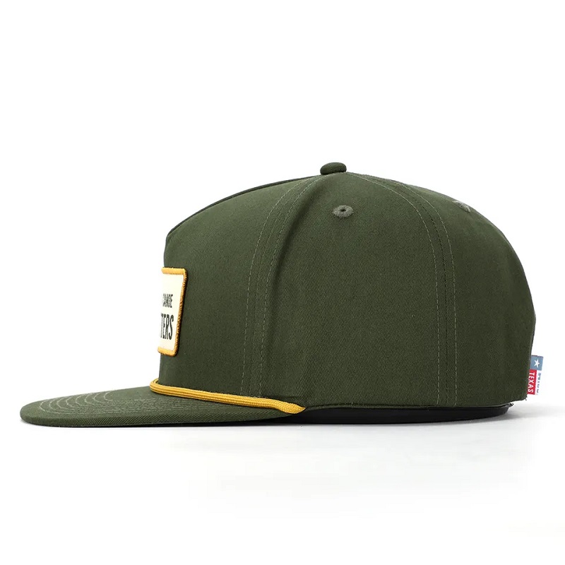 OEM Classic de alta calidad Classic 5 Panel Ejército Bordado de algodón verde Bordado tejido Logotipo de cuerda Snapback Cap gorro