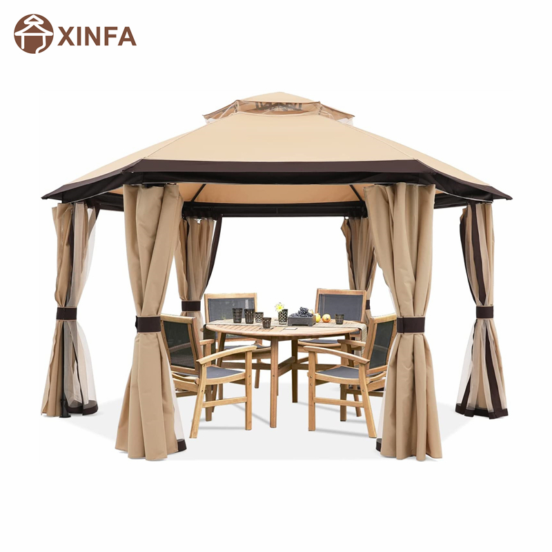 10 \\ 'x10 \\' Gazebos para patios Gazebo hexagonal al aire libre con redes y cortinas de privacidad