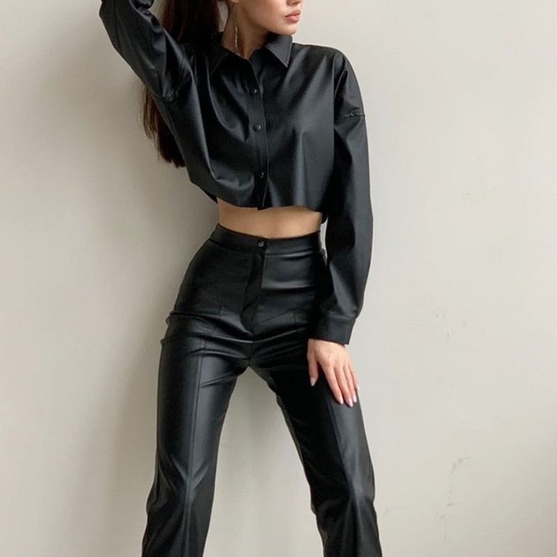 Motocicleta de otoño e invierno sexy mate de cuero mate microelástica camisa corta de manga larga